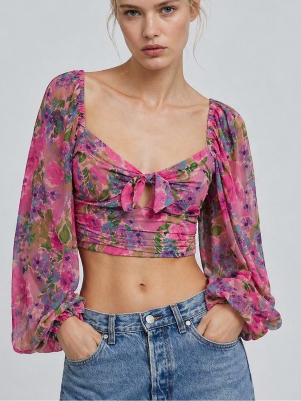 For Love & Lemons Trisha Crop Top in Pink Flowers